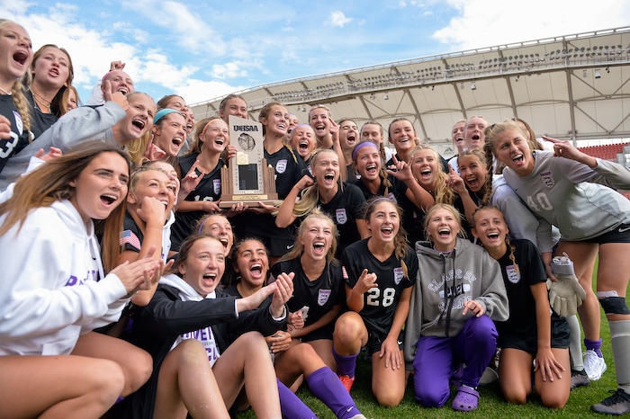 (Chris Samuels | The Salt Lake Tribune) Riverton celebrates winning the 6A girls' soccer state championships 3-1 over Skyridge at Rio Tinto Stadium in Sandy, Friday, Oct. 22, 2021.