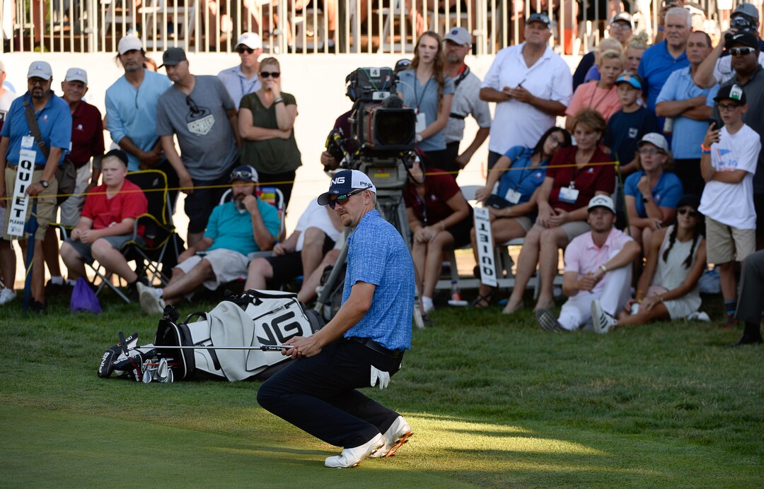 (Francisco Kjolseth  |  The Salt Lake Tribune)  Jim Knous of Littleton, CO, drops after missing a close putt on the final hole of the Utah Championship golf event on the Web.com Tour at Oakridge Country Club in Farmington on Sunday, July 15, 2018.