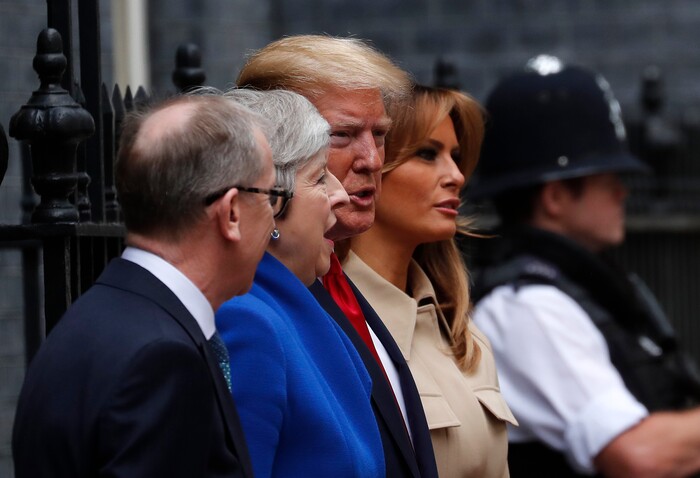 Britain's Prime Minister Theresa May and her husband Philip greet President Donald Trump and first lady Melania outside 10 Downing Street in central London, Tuesday, June 4, 2019. President Donald Trump will turn from pageantry to policy Tuesday as he joins British Prime Minister Theresa May for a day of talks likely to highlight fresh uncertainty in the allies' storied relationship. (AP Photo/Frank Augstein)