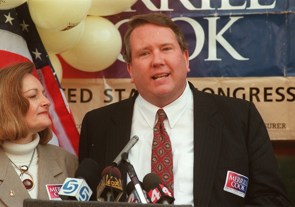(Rick Egan | The Salt Lake Tribune) Merrill Cook campaigning in 1996, the year he won a seat in the U.S. House of Representatives. His wife, Camille, is seen at left. Merrill Cook died March 9. 2026, at age 79.