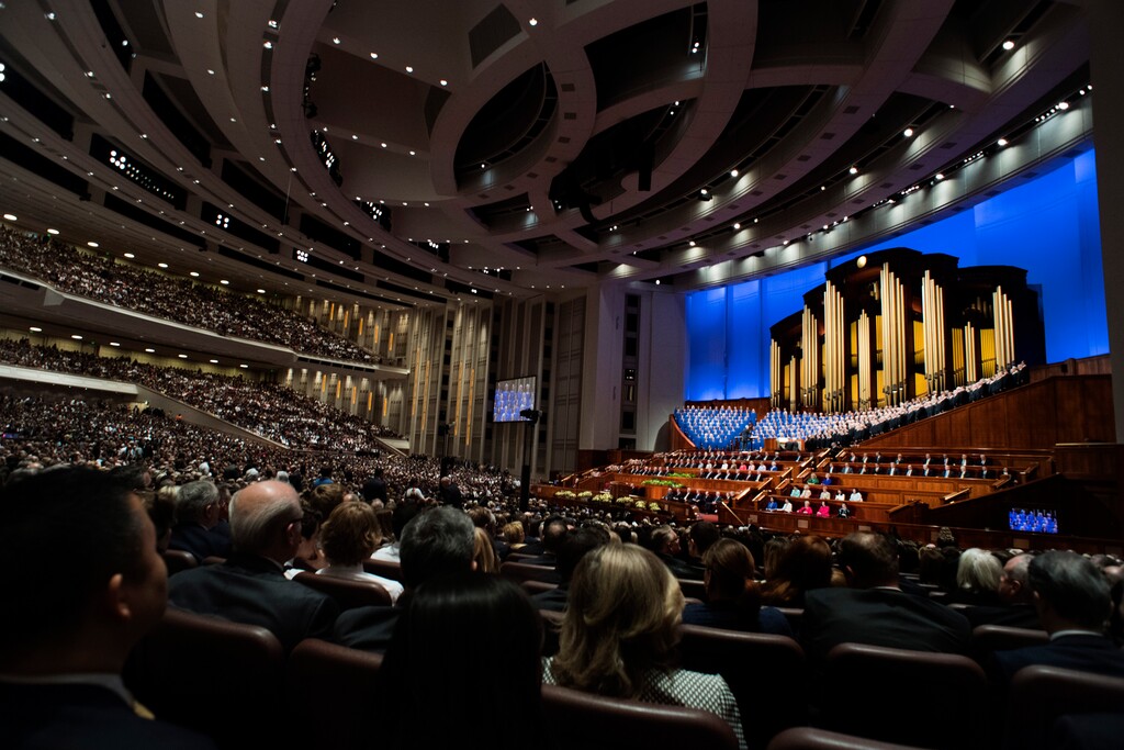 (Rick Egan  | Tribune file photo) The Mormon Tabernacle Choir sings in the Saturday morning session of the188th Annual General Conference in Salt Lake City,  Saturday, March 31, 2018.