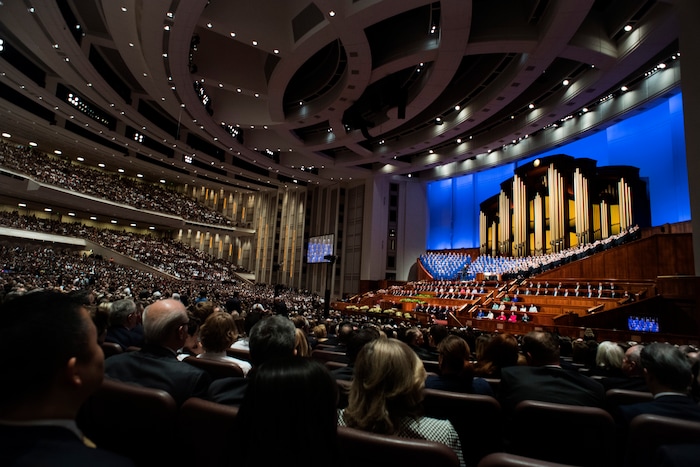 (Rick Egan  |  The Salt Lake Tribune)         The Mormon Tabernacle Choir sings in the Saturday morning session of the188th Annual General Conference in Salt Lake City,  Saturday, March 31, 2018.