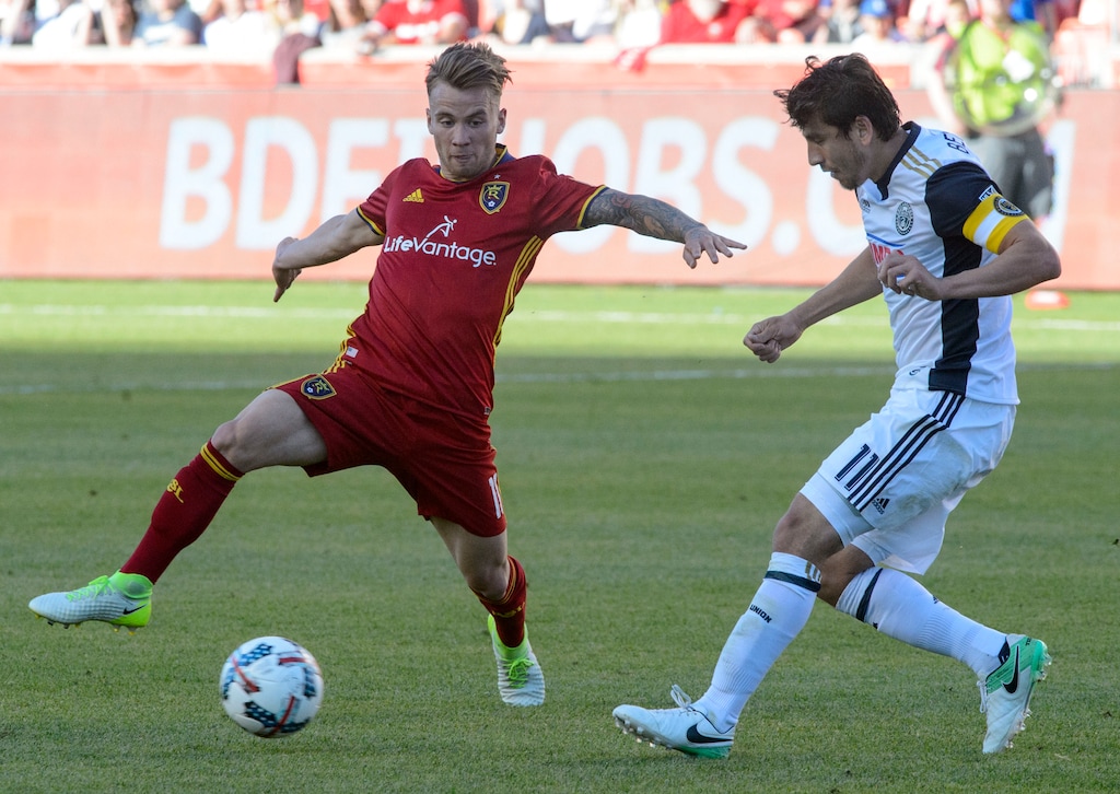 Steve Griffin  |  The Salt Lake TribuneReal Salt Lake midfielder Albert Rusnak (11) stretches for the ball during the RSL vs. Philadelphia Union soccer match at Rio Tinto Stadium in Sandy Saturday May 27, 2017.