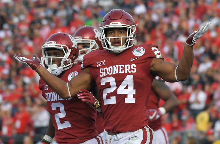 Oklahoma running back Rodney Anderson reacts after scoring his second touchdown of the first half of the Rose Bowl NCAA college football game against Georgia Monday, Jan. 1, 2018, in Pasadena, Calif. (AP Photo/Mark J. Terrill)