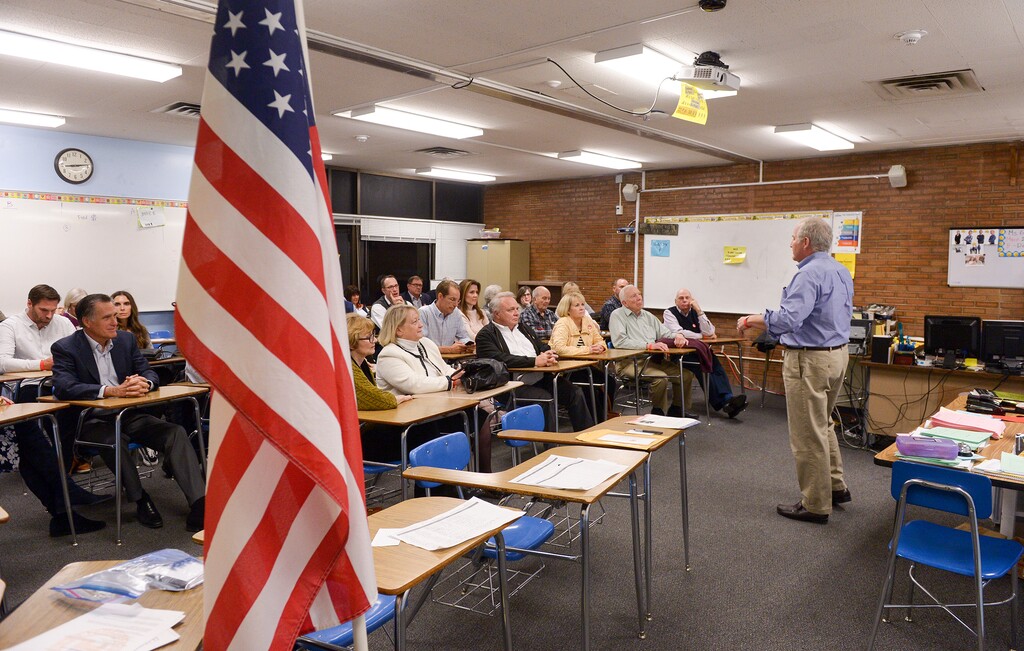 (Leah Hogsten | The Salt Lake Tribune) Holladay Precinct 23 chair Mark Steffensen, right, leads the caucus meeting. At Cottonwood High SchoolÕs GOP caucuses, a combined 35 caucuses met to elect precinct officers, who help govern the parties, plus delegates to state and county conventions, Tuesday, March 20, 2018.