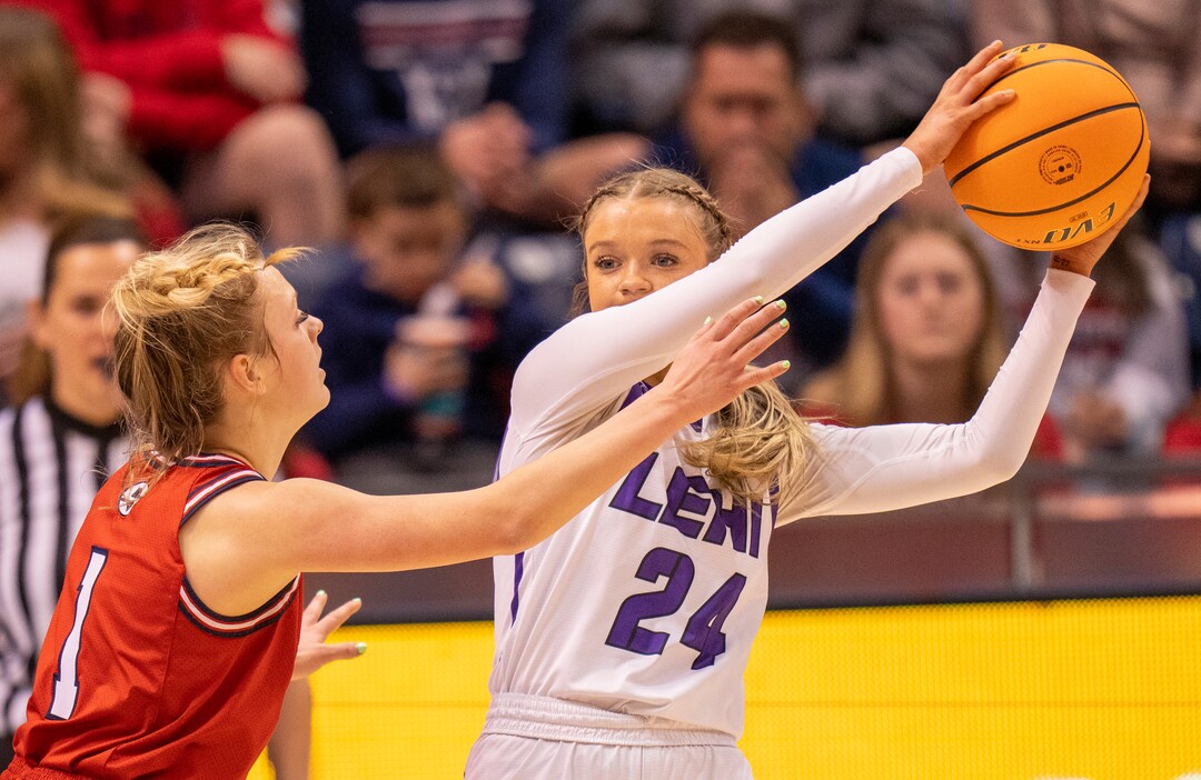 (Rick Egan | The Salt Lake Tribune) Springville Red Devils guard, Ellie Esplin (1) guards Lehi guard, Sammi Love (24), in the girls 5A State Championship game between the Springville Red Devils and the Lehi Pioneers, at the Marriott Center in Provo, on Saturday, March 5, 2022. 
