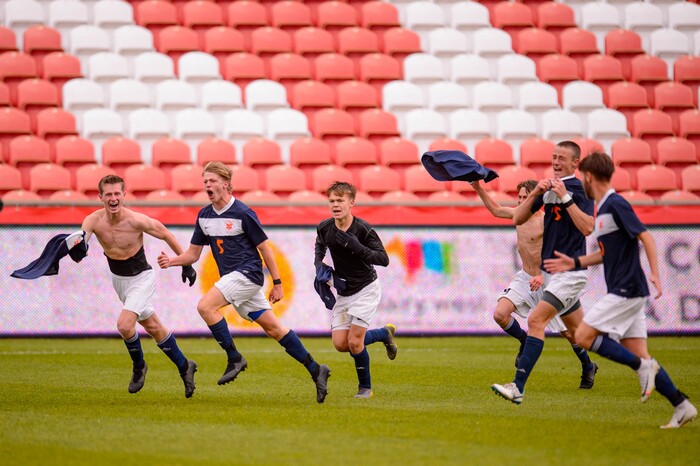 (Trent Nelson  |  The Salt Lake Tribune)  
Brighton's Braxton Jones (5) celebrates his game-winning goal, defeating Olympus High School 3-2 in overtime in the 5A boys state championship game at Rio Tinto Stadium in Sandy, Thursday May 23, 2019.