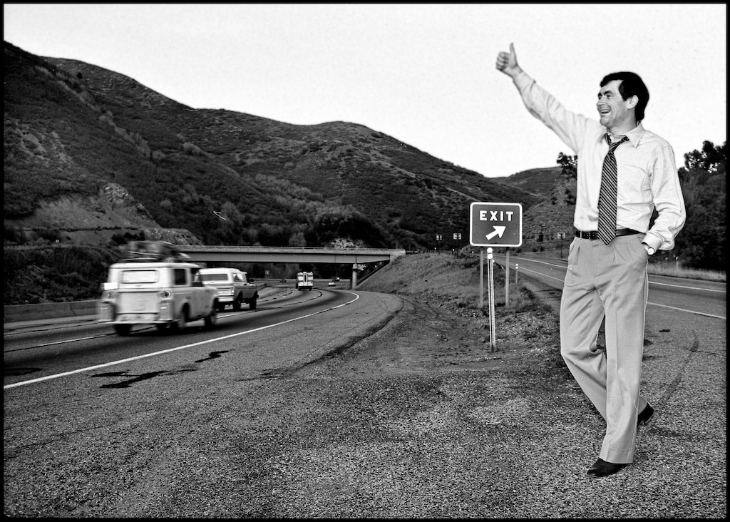 (John Schaefer) Ted Wilson campaigning with a honk and wave during his 1982 campaign for U.S. Senate against Orrin Hatch.