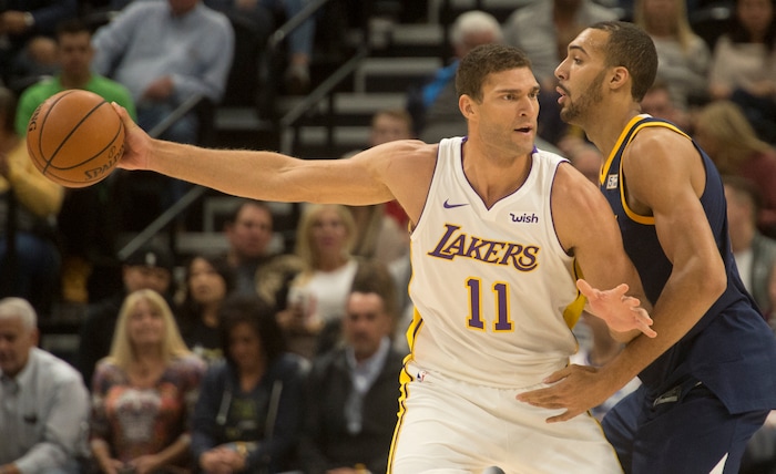 (Rick Egan  |  The Salt Lake Tribune)  Utah Jazz center Rudy Gobert (27) guards Los Angeles Lakers center Brook Lopez (11), in NBA action, Utah Jazz vs. Los Angeles Lakers, in Salt Lake City, Saturday, October 28, 2017.