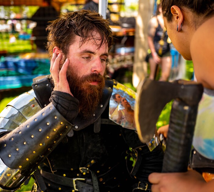 (Trent Nelson  |  The Salt Lake Tribune)  Nick Hosto in between rounds of a competition put on by the Armored Combat League at the Utah Renaissance Faire at Thanksgiving Point in Lehi on Friday Aug. 23, 2019.