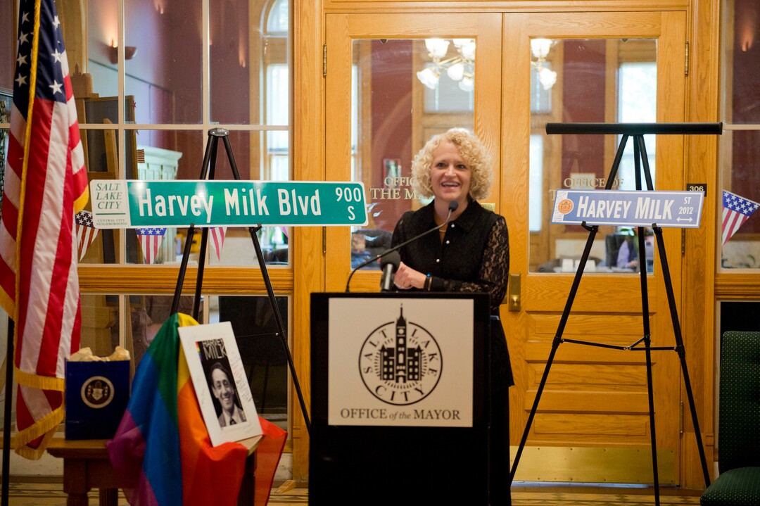 (Rachel Molenda  |  The Salt Lake Tribune)Salt Lake City Mayor Jackie Biskupski speaks at a ceremony where she was given the Harvey Milk Civil Rights Award by the International Imperial Court at the Salt Lake City-County Building in Salt Lake City, Utah, on Friday, May 25, 2018.
