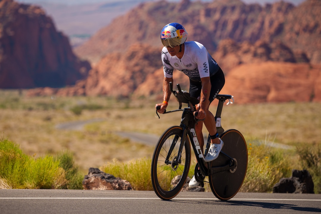 (Trent Nelson  |  The Salt Lake Tribune) Braden Currie climbs out of Snow Canyon State Park during the Ironman World Championship triathlon in St. George on Saturday, May 7, 2022.