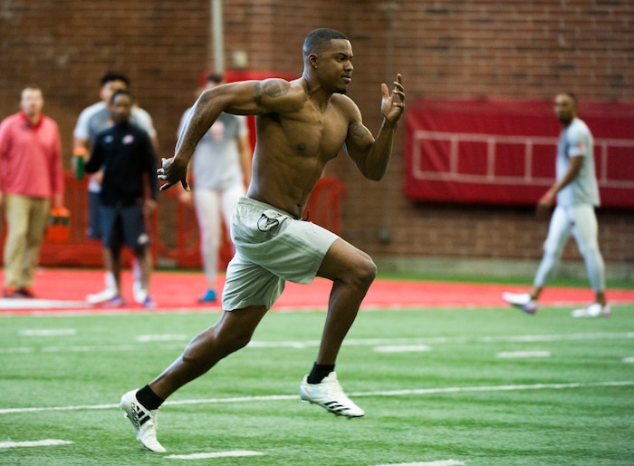 (Rick Egan  |  The Salt Lake Tribune)      Troy Williams runs the 40-yard-dash, during University of Utah's 2018 Pro Day for NFL scouts, at Spence Eccles Field House, Wednesday, March 28, 2018.