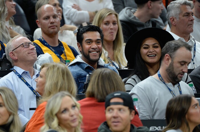 (Francisco Kjolseth  |  The Salt Lake Tribune)  PGA Tour professional golfer Tony Finau takes joins the fun as the Utah Jazz host the Philadelphia 76ers in their NBA basketball game at Vivint Smart Home Arena in Salt Lake City on Wednesday, Nov. 6, 2019.