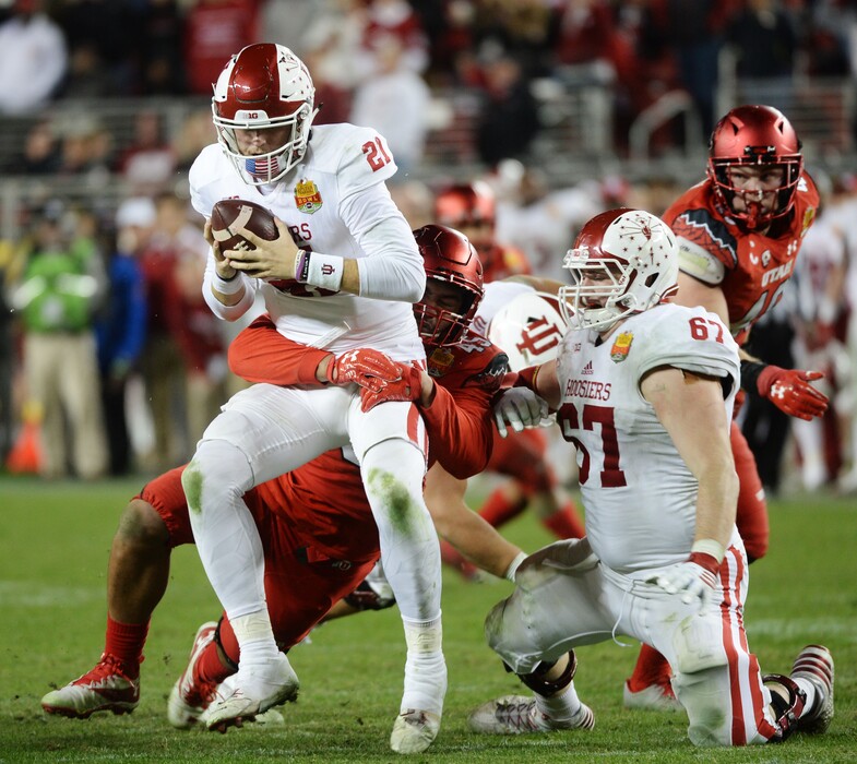 Steve Griffin / The Salt Lake Tribune
Utah Utes defensive tackle Filipo Mokofisi (45) sacks Indiana Hoosiers quarterback Richard Lagow (21) during the Foster Farms Bowl at Levi's Stadium in Santa Clara California Wednesday December 28, 2016.