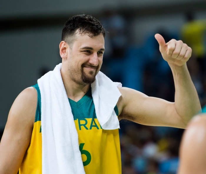 Rick Egan  |  The Salt Lake Tribune

Andrew Bogut (6) of Australia, reacts to fans, after Australia defeated France  87-66, in Olympic Basketball action in Rio de Janeiro, Friday, August 5, 2016.
