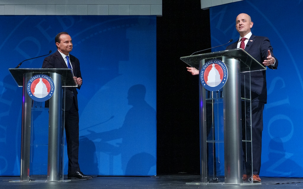 (Leah Hogsten | The Salt Lake Tribune) From left, Sen. Mike Lee and independent challenger Evan McMullin participate in a debate ahead of the election for U.S. Senate at Utah Valley University, Wednesday, Oct. 17, 2022.
