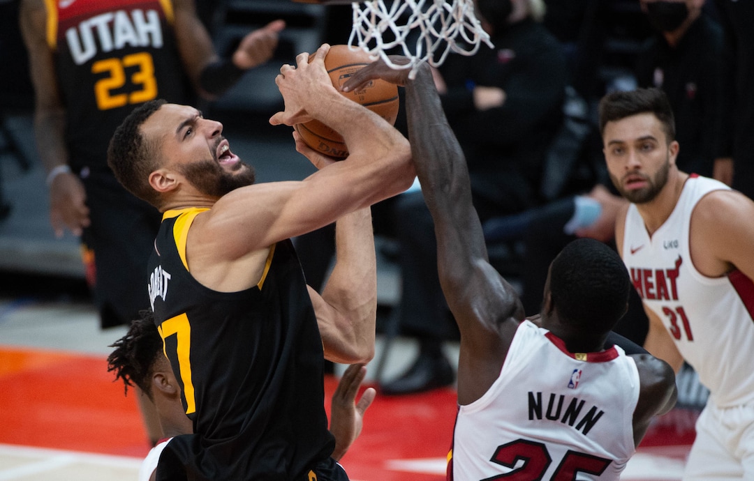 (Francisco Kjolseth  | The Salt Lake Tribune) Utah Jazz center Rudy Gobert (27) goes up against Miami Heat guard Kendrick Nunn (25) as the Utah Jazz take on the Miami Heat at Vivint Smart Home Arena in Salt Lake City, on Saturday, Feb. 13, 2021.