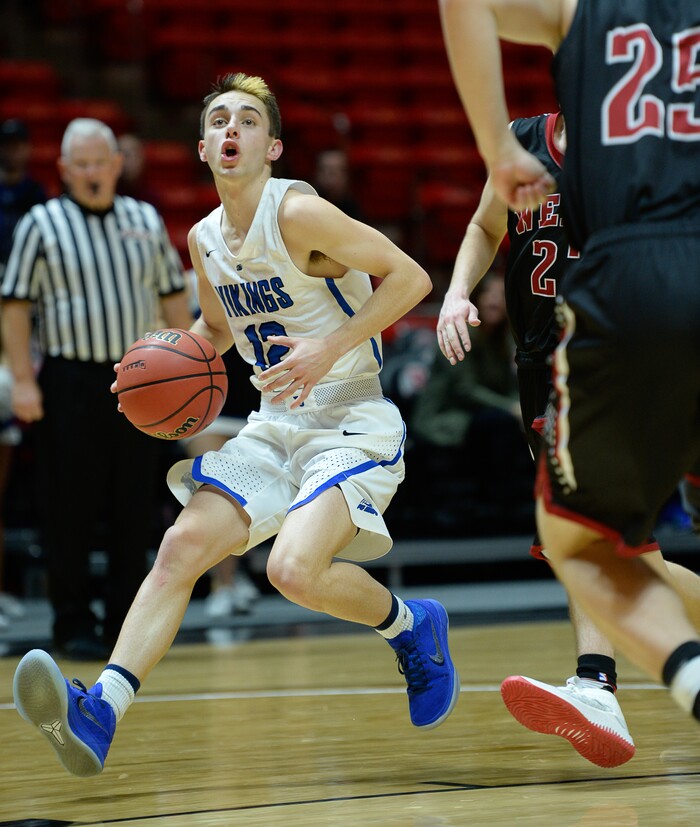 (Francisco Kjolseth  |  The Salt Lake Tribune)  Weber vs Pleasant Grove, 6A State high school basketball tournament at the Huntsman Center in Salt Lake City, Thursday March 1, 2018. Pleasant Grove's Tyler Fairbanks (12) marks his target. 