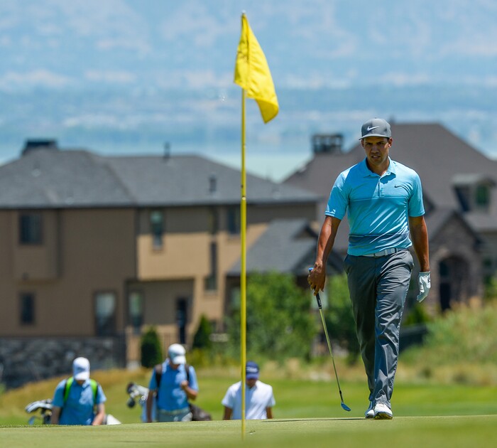 (Francisco Kjolseth  |  The Salt Lake Tribune)  Garrett Fotu of Centerville joins a mixture of local pros and nationwide travelers as they make their annual attempt to qualify for the Utah Championship on the Web.com Tour and a shot to play in a PGA Tour-brand event at Talons Cove Golf Course in Saratoga Springs on Monday, July 7, 2018. Only 12 players advance from a field of roughly 140.