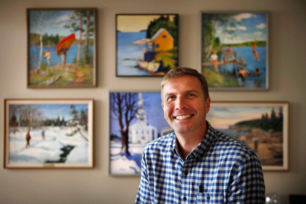 In this Wednesday, Aug. 30, 2017 photo, L.L. Bean CEO Steve Smith poses in his office in Freeport, Maine. Smith is leading L.L. Bean's plan to sharpen its focus on inspiring its customers to “Be an Outsider,” to enjoy the outdoors with friends and family. (AP Photo/Robert F. Bukaty)