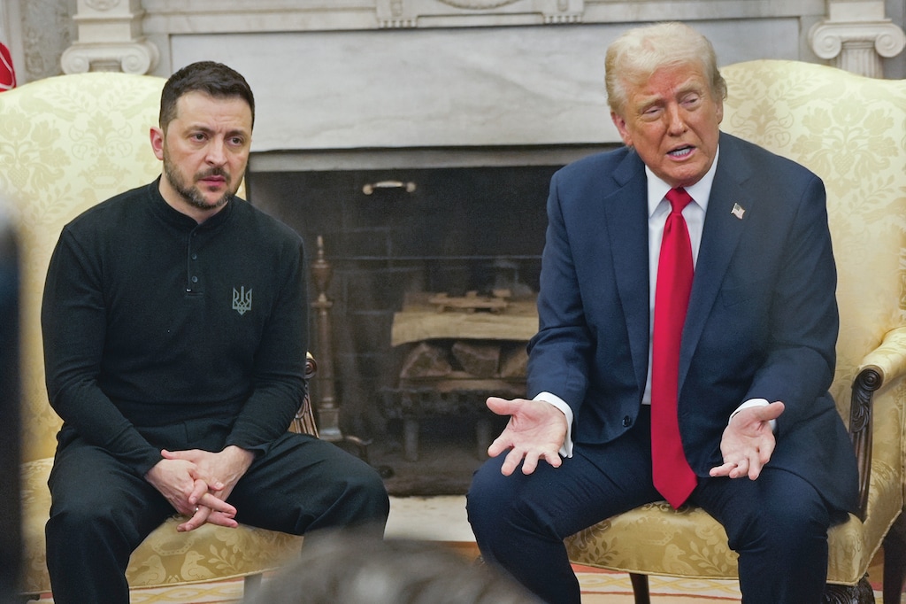President Donald Trump, right, meets with Ukrainian President Volodymyr Zelenskyy in the Oval Office at the White House, Friday, Feb. 28, 2025, in Washington. (AP Photo/ Mystyslav Chernov)