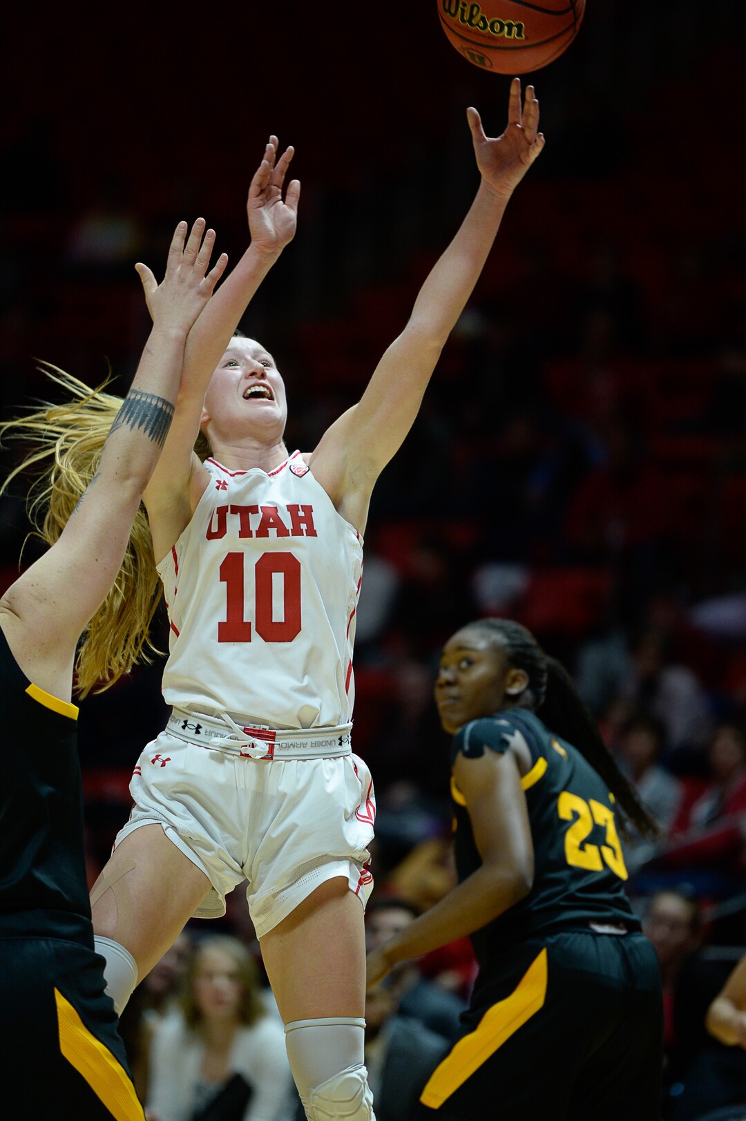 (Francisco Kjolseth  |  The Salt Lake Tribune) Utah Utes guard Dru Gylten (10) lays one up past the Arizona State Sun Devils in Utes' Pac-12 home opener at the Jon M Huntsman Center on Friday, Jan. 4, 2019. 