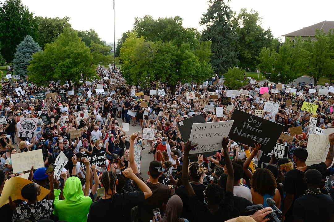 (Francisco Kjolseth  |  The Salt Lake Tribune) Demonstrators protesting against police brutality gather at the Park building at the University of Utah on Wednesday, June 3, 2020, in Salt Lake City, as the initially set 8 p.m. weeklong curfew was removed.