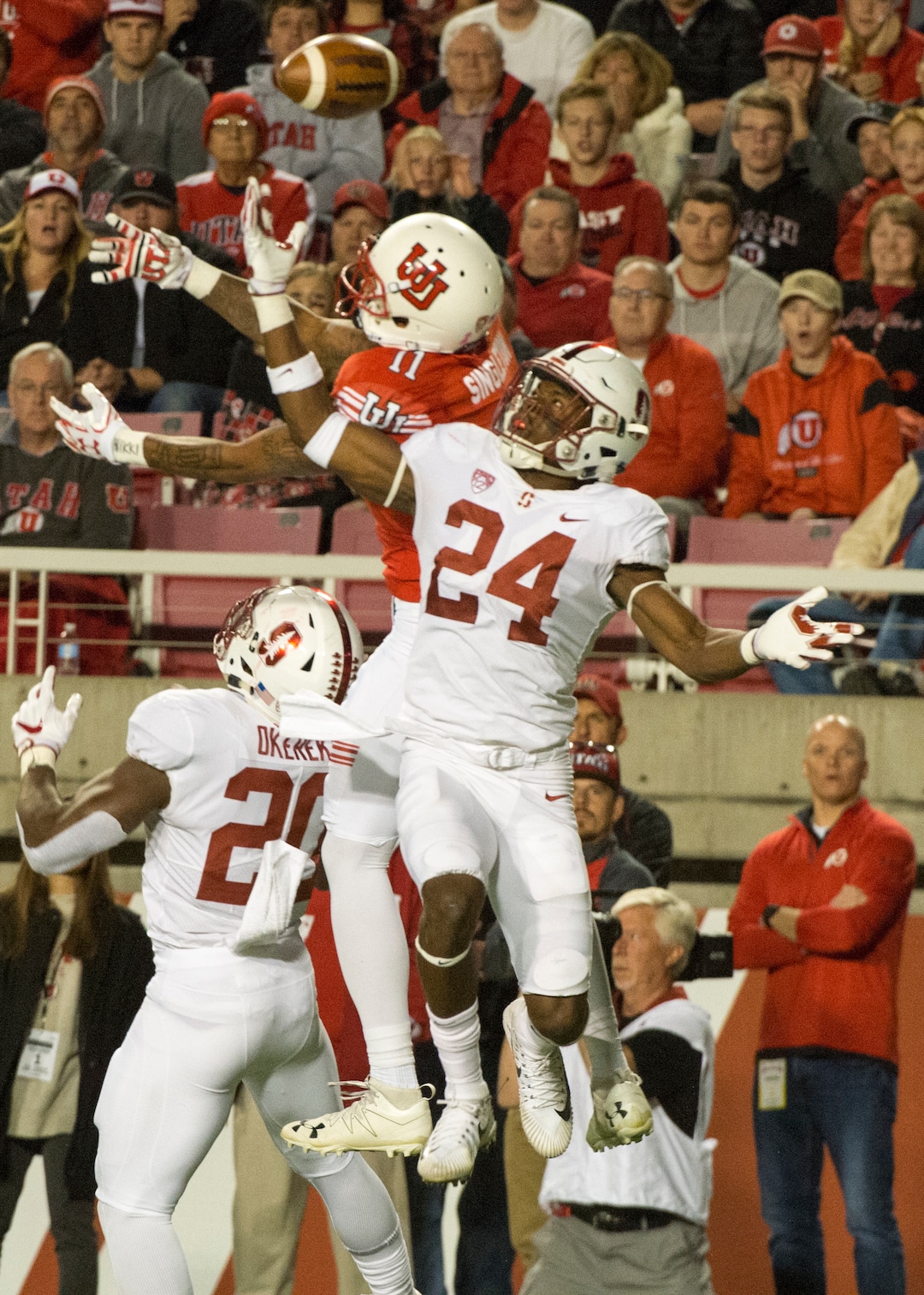 (Rick Egan  |  The Salt Lake Tribune) Stanford Cardinal cornerback Quenton Meeks (24) intercepts a pass intended for Utah Utes wide receiver Raelon Singleton (11), in PAC-12 football action, at Rice-Eccles Stadium, Saturday, October 7, 2017.
