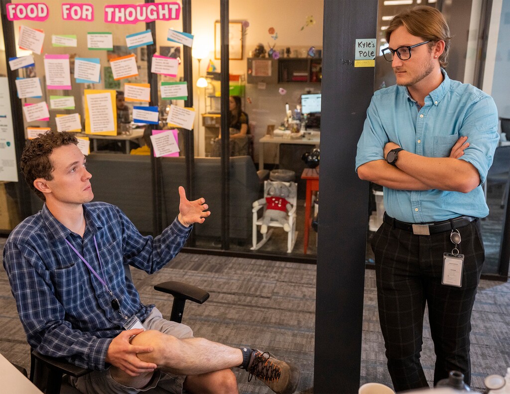 (Rick Egan | The Salt Lake Tribune) Jack Bushway and Keegan Kaylkanan work as case managers at the Pamela Atkinson Resource Center in South Salt Lake, Tuesday, Aug. 15, 2023.