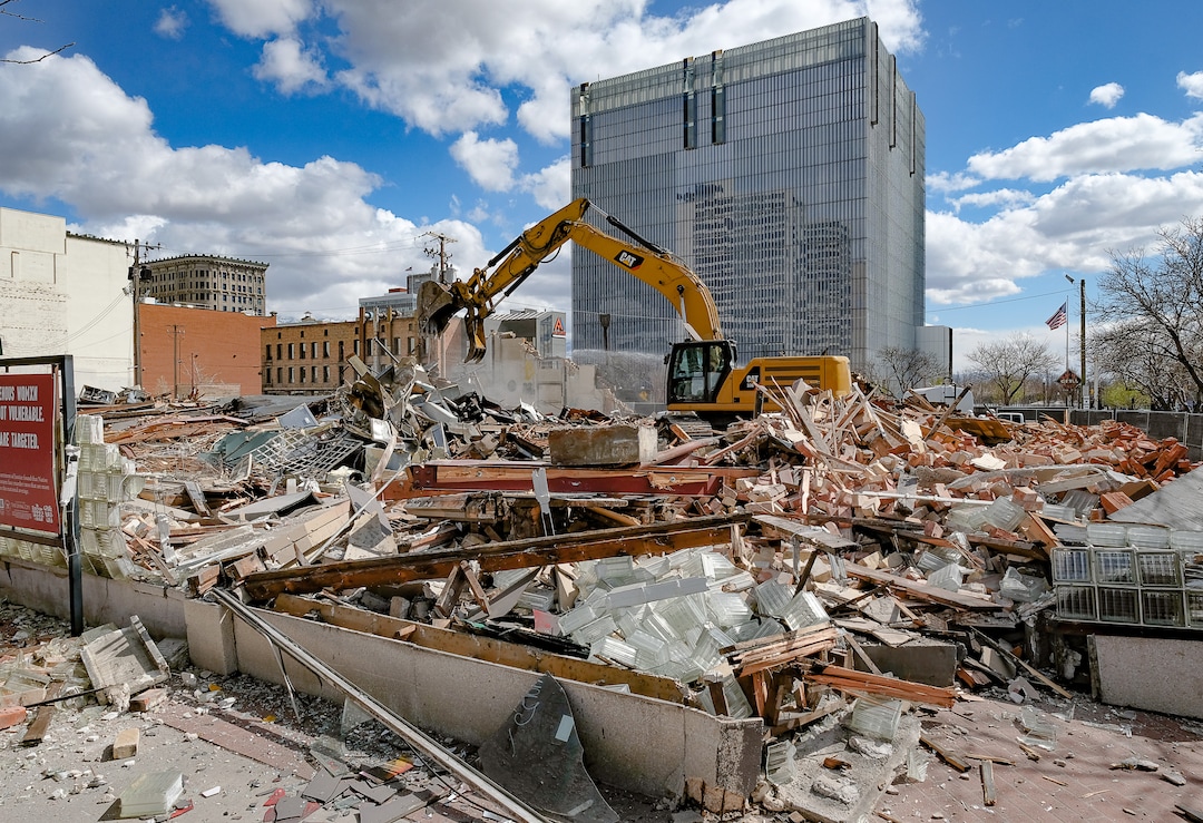(Francisco Kjolseth  |  The Salt Lake Tribune) Crews take down the old Zephyr Club at 301 S. West Temple in Salt Lake City on Thursday, April 2, 2020. Sources say the building had substantial roof damage, unrelated to the recent earthquake, and will be replaced for now with landscaping.