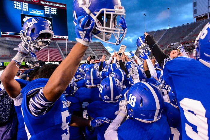 (Trent Nelson | The Salt Lake Tribune)  Bingham players celebrate defeating East in the Class 6A High School State Football Championship game in Salt Lake City, Friday November 17, 2017.