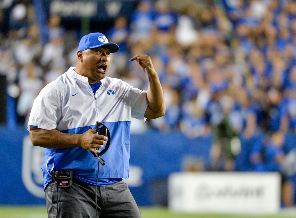 (Chris Samuels | The Salt Lake Tribune) Brigham Young Cougars head coach Kalani Sitake argues a call as they play the Utah Utes in football, Saturday, Sept. 11, 2021 in Provo.
