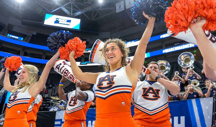 Leah Hogsten  |  The Salt Lake Tribune  Auburn cheers on players during practice Wednesday at the 2019 NCAA Division I Men's Basketball Championship, March 20, 2019 in preparation for their first round game against the Northeastern Huskies on Thursday.