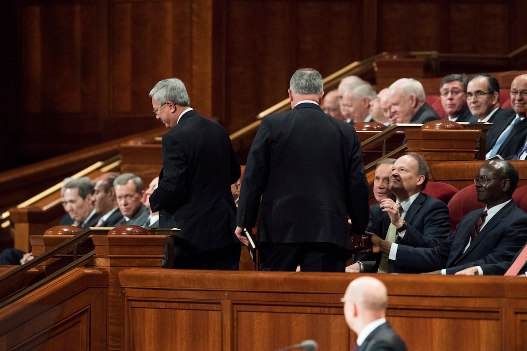 (Rick Egan  |  The Salt Lake Tribune)         Gerrit W. Gong and Ulisses Soares leave their seats to join the quorum of the 12 apostles, during the morning session of the 188th Annual General Conference in Salt Lake City,  Saturday, March 31, 2018.