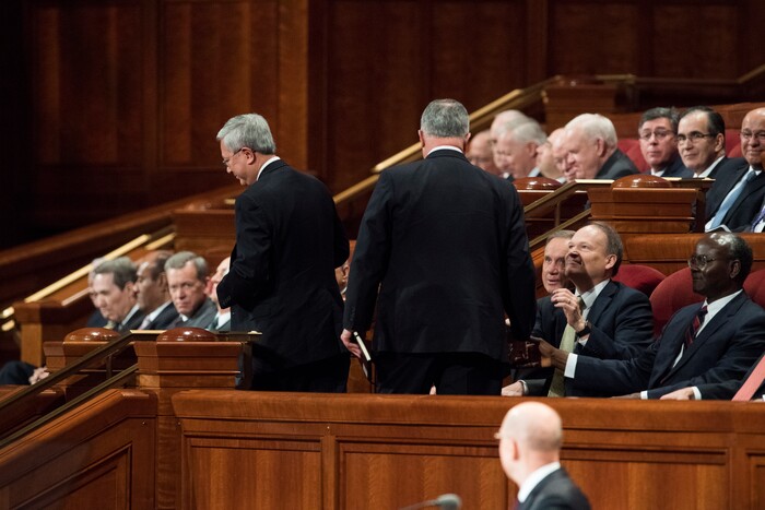(Rick Egan  |  The Salt Lake Tribune)         Gerrit W. Gong and Ulisses Soares leave their seats to join the quorum of the 12 apostles, during the morning session of the 188th Annual General Conference in Salt Lake City,  Saturday, March 31, 2018.