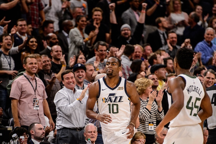 (Trent Nelson | The Salt Lake Tribune)  Utah Jazz guard Alec Burks (10) runs the court after leading a fourth quarter comeback as the Utah Jazz host the Denver Nuggets, NBA basketball in Salt Lake City, Wednesday October 18, 2017.