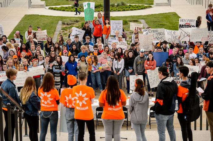 (Trent Nelson | The Salt Lake Tribune)  
High school students gathered at the Utah State Capitol in Salt Lake City to mark the anniversary of the Columbine High School massacre and call for action against gun violence, Friday April 20, 2018.