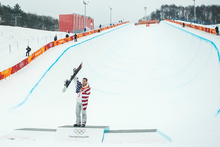(Chris Detrick  |  The Salt Lake Tribune)  Shaun White celebrates after winning gold on his run during the men's halfpipe finals at Phoenix Snow Park during the Pyeongchang 2018 Winter Olympics Wednesday, Feb. 14, 2018.  White won the event with a 97.75, his third Olympic gold medal in the halfpipe (2006, 2010, 2018).