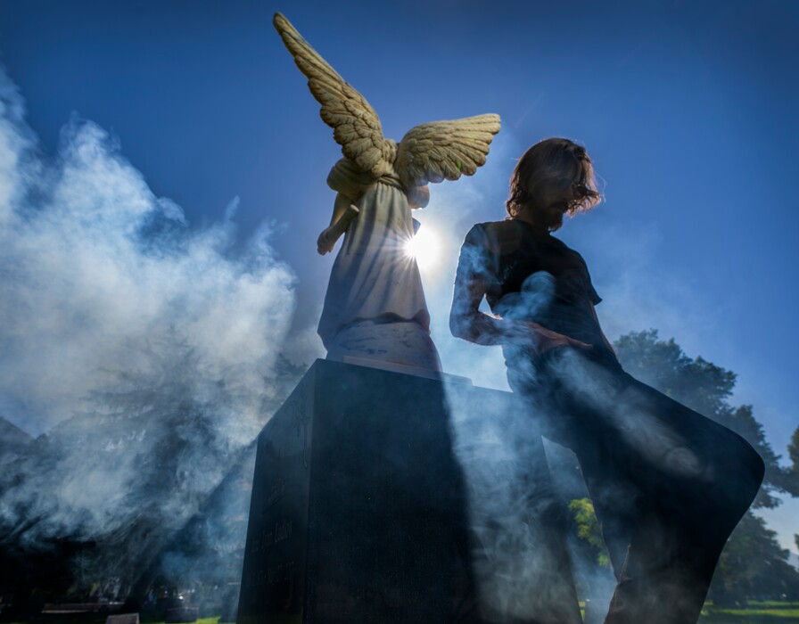 (Leah Hogsten | The Salt Lake Tribune) Author Declan Hyde, featured in the Provo City Cemetery on Sept. 2, 2022, has written a Mormon horror novella titled "The Resurrection Box."