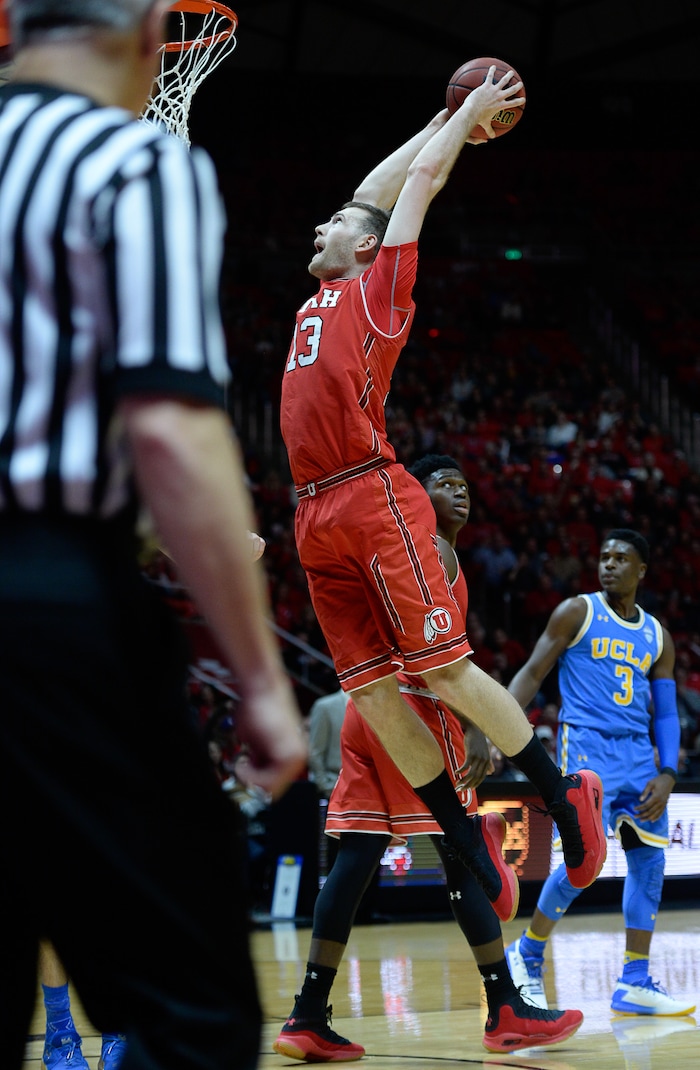 (Francisco Kjolseth  |  The Salt Lake Tribune)  Utah Utes forward David Collette (13) puts in a monster dunk as the University of Utah hosts UCLA in NCAA basketball at the Huntsman Center in Salt Lake City, Thursday, Feb. 22, 2018.