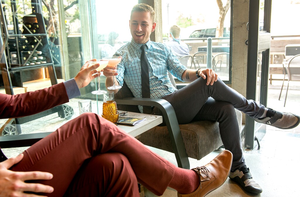 (Leah Hogsten  |  The Salt Lake Tribune) Jared Bird, right,  has a drink after work with John Driggs at Lake Effect bar, August 8, 2017. 