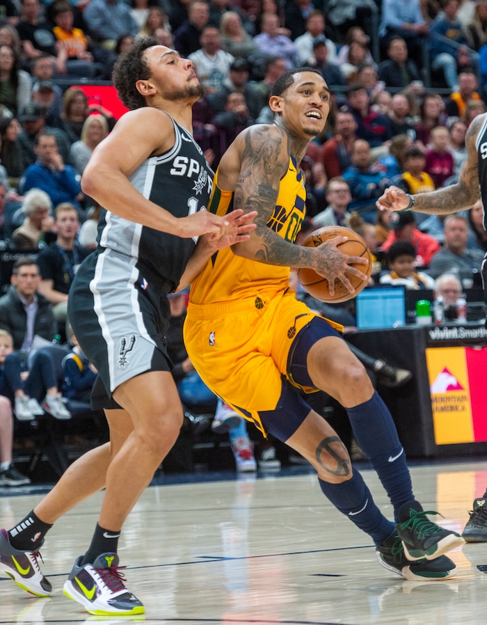 (Rick Egan  |  The Salt Lake Tribune)    
Utah Jazz guard Jordan Clarkson (00) tries to get past San Antonio Spurs guard Bryn Forbes (11), in NBA action between the Utah Jazz and the San Antonio Spurs, in Salt Lake City, Friday, Feb. 21, 2020.