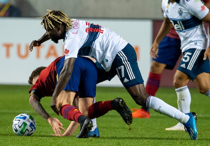 (Rick Egan  |  The Salt Lake Tribune)   Vancouver Whitecaps midfielder Leonard Owusu (17) keeps  Real Salt Lake midfielder Albert Rusnak (11) from getting the ball, in MLS soccer action between Real Salt Lake and the Vancouver Whitecaps at Rio Tinto Stadium on Saturday, Sept. 19, 2020.

 