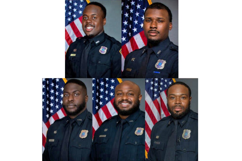 Photos provided by the Memphis Police Department show, clockwise from top left: Officers Tadarrius Bean, Justin Smith, Demetrius Haley, Desmond Mills Jr. and Emmitt Martin III. The five officers accused of killing Tyre Nichols, a 29-year-old Black man pulled over for a traffic stop, pleaded not guilty on Friday, Feb. 17, 2023 to second-degree murder charges a month after police and traffic cameras captured the officers punching, kicking and striking Nichols with a baton. (Memphis Police Department via The New York Times)