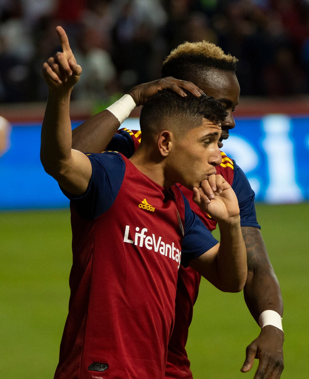 (Rick Egan  |  The Salt Lake Tribune). Real Salt Lake forward Sam Johnson (50) and Real forward Jefferson Savarino (7) react after Savarino scored the winning goal for Salt Lake, in MLS soccer action between Real Salt Lake and Atlanta United at Rio Tinto Stadium in Sandy, Friday, May 24, 2019.