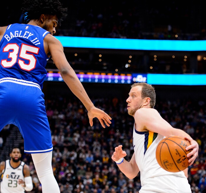 (Trent Nelson  |  The Salt Lake Tribune) Utah Jazz forward Joe Ingles (2) defended by Sacramento Kings forward Marvin Bagley III (35) as the Utah Jazz host the Sacramento Kings, NBA basketball in Salt Lake City on Saturday, Jan. 18, 2020.