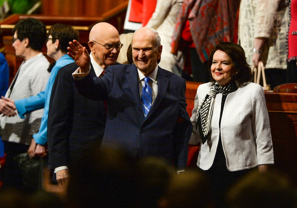 (Chris Samuels | The Salt Lake Tribune) President Russell M. Nelson waves to attendees after a session of General Conference of The Church of Jesus Christ of Latter-day Saints in Salt Lake City, Sunday, April 3, 2022. The fall conference is Oct. 1 and 2.