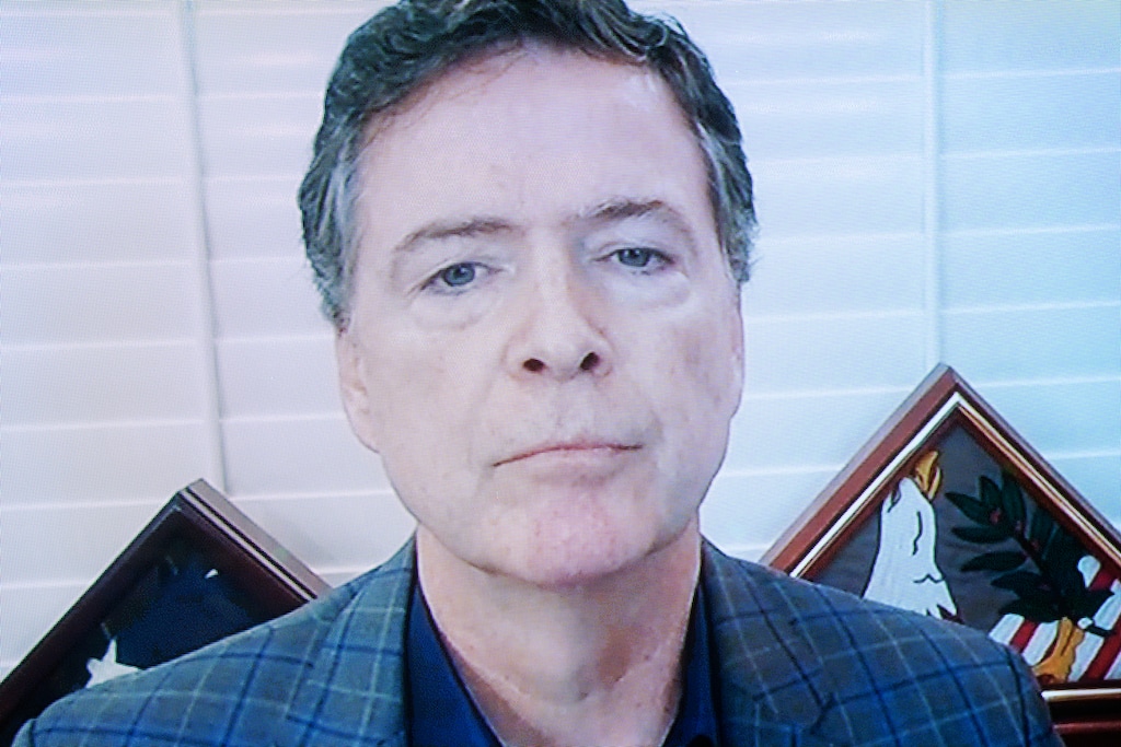 Former FBI director James Comey testifies via videoconference during a Senate Judiciary Committee hearing on Capitol Hill in Washington, Wednesday, Sept. 30, 2020, to examine the FBI "Crossfire Hurricane" investigation. (Stefani Reynolds/Pool via AP)