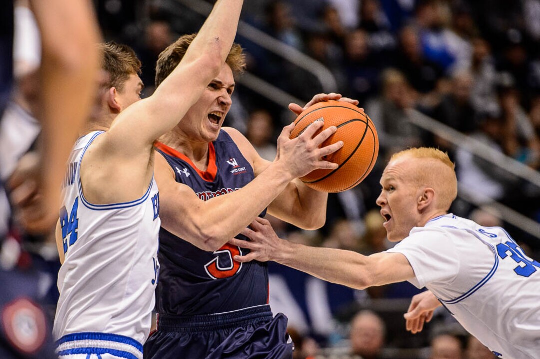 (Trent Nelson | The Salt Lake Tribune)   Brigham Young Cougars guard TJ Haws (30) defending St. Mary's Gaels guard Emmett Naar (3) as BYU hosts the St. Mary's Gaels, NCAA basketball in Provo, Saturday December 30, 2017.
